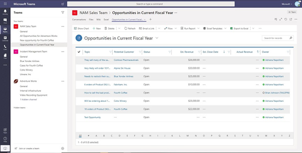Captura de pantalla que ilustra cómo puede acceder a los datos de ventas de Dynamis 365 desde un espacio de trabajo de Teams.